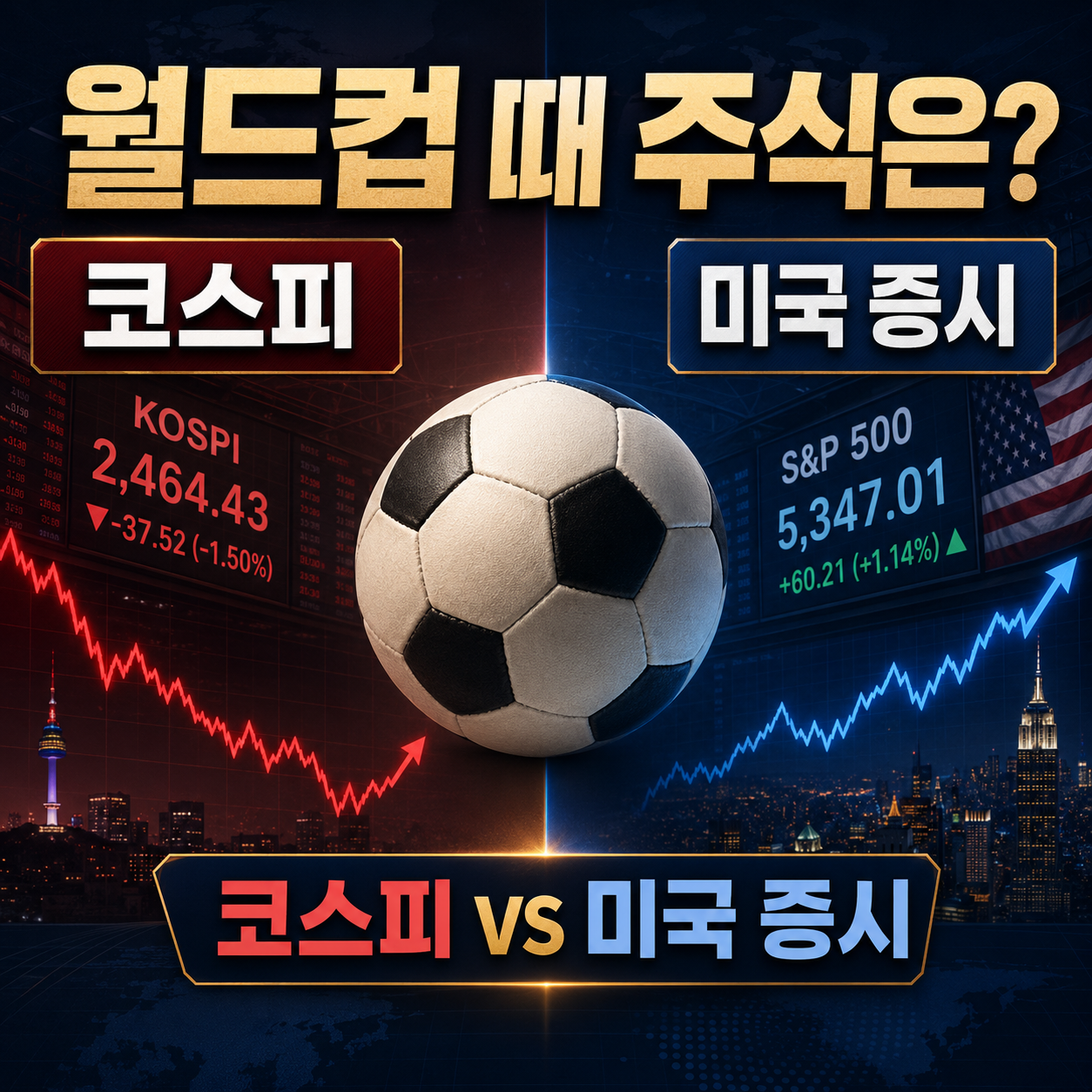 월드컵 기간 코스피와 미국 증시 수익률을 축구공과 주가 차트로 비교한 모습