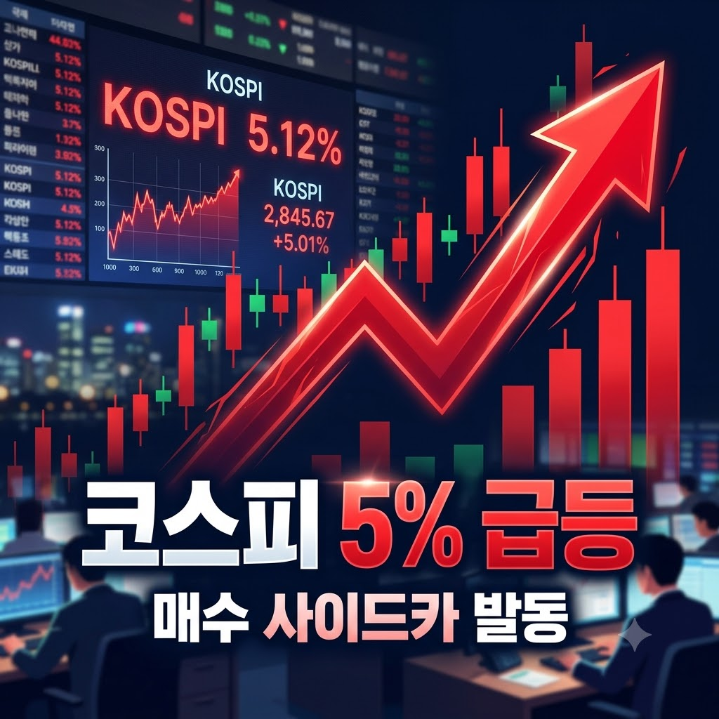 코스피 매수 사이드카 발동 이유와 장중 5% 급등을 표현한 국내 증시 이미지