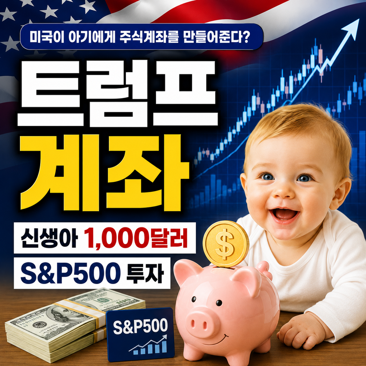 미국 국기와 상승 차트 배경 앞에 미국 아기, 돼지저금통, 달러 지폐가 배치된 트럼프 계좌 S&P500 투자 썸네일