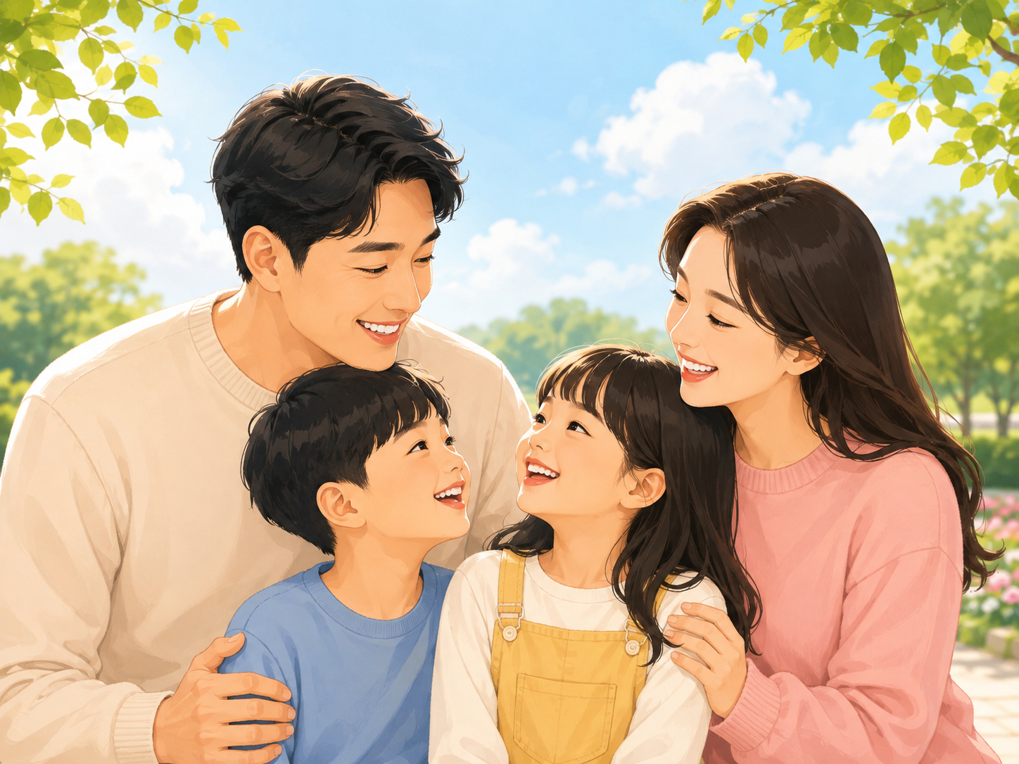 햇살 아래 공원에서 서로 웃으며 마주 보는 부모와 아이들의 행복한 가족 일러스트