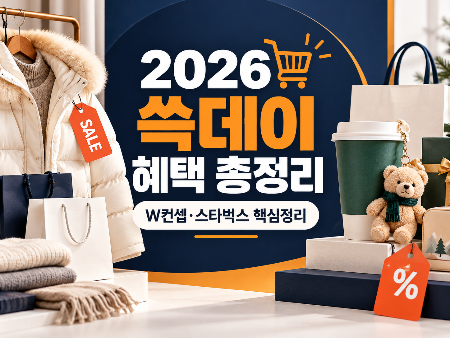 2026 쓱데이 혜택 총정리 썸네일에 겨울 패딩과 쇼핑백, 커피 컵과 곰 키링이 배치된 모습