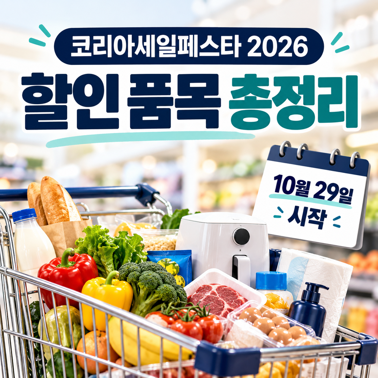 코리아세일페스타 2026 할인 품목 총정리 문구와 식료품·소형 가전이 담긴 쇼핑카트, 10월 29일 시작을 알리는 달력