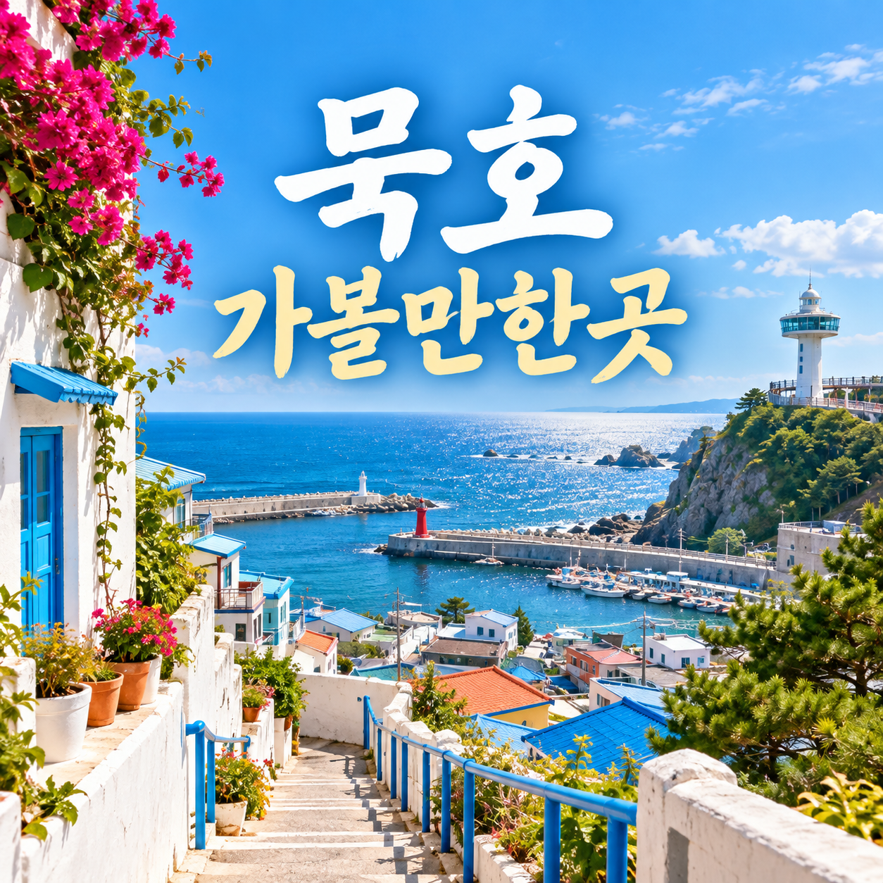 묵호 가볼만한곳 여행 썸네일. 푸른 동해 바다와 항구, 등대, 계단 골목을 표현한 AI 이미지